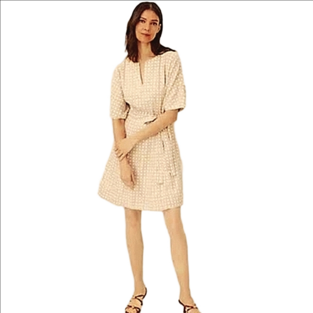Tan & Cream Linen Blend Rattan Print Dress Soft Shoulder Lined Self Tie Sz 8